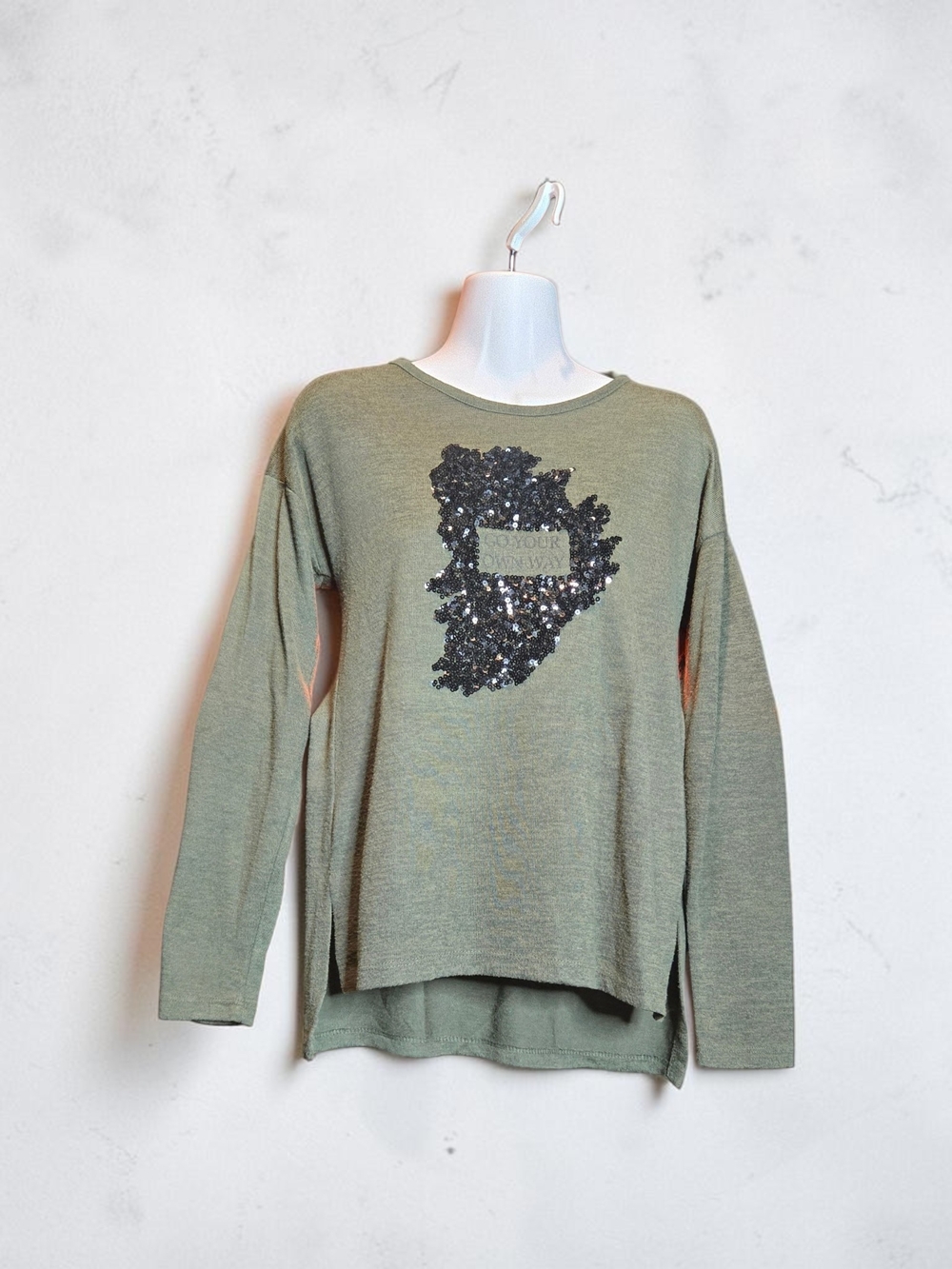 Oh MG! Sequin Accent Olive Green Long-Sleeve Top